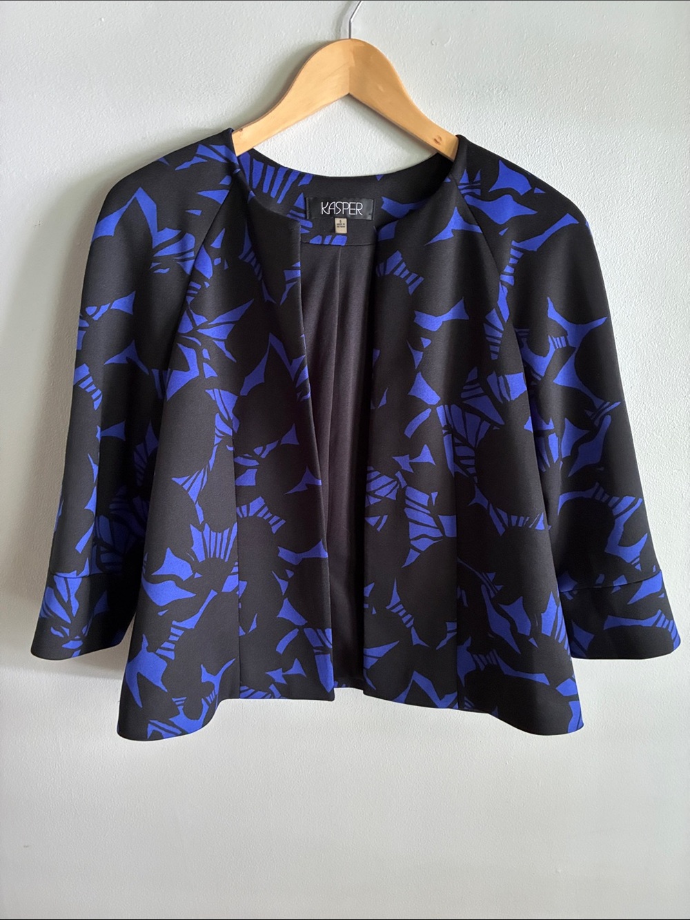Kasper Womens 6 Cobalt Blue Black Floral Open Front Blazer Topper Jacket